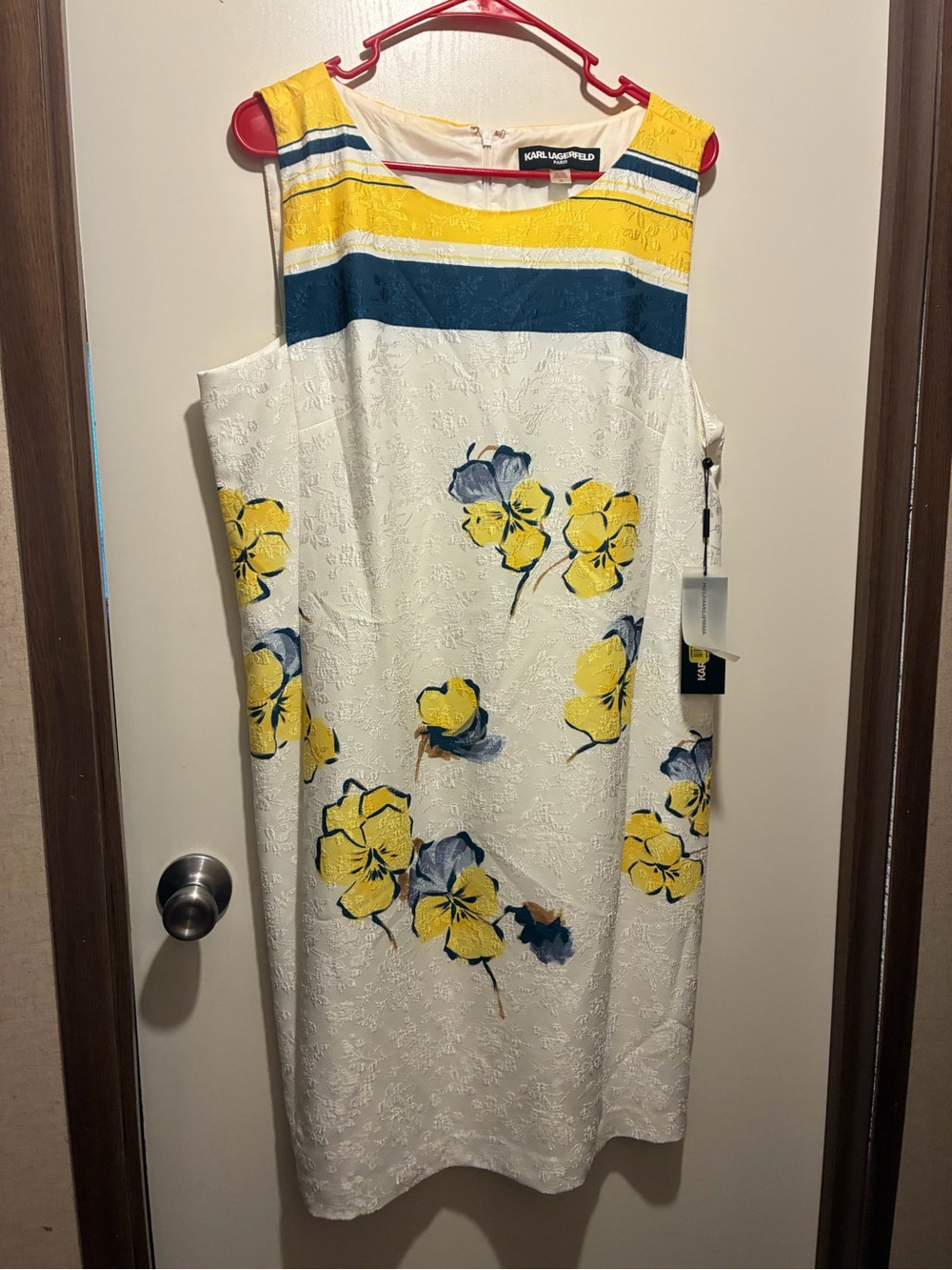 Karl Lagerfeld White Shift Dress with Yellow Floral & Navy Stripes